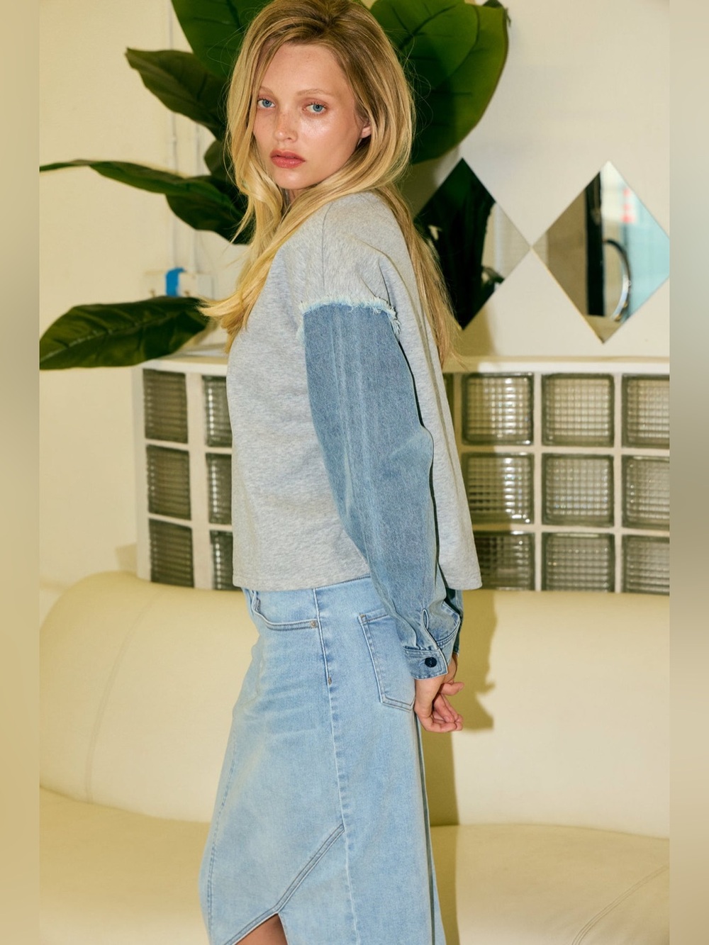 Denim Sleeve Mixed Media Sweatshirt - Picture 10 of 12